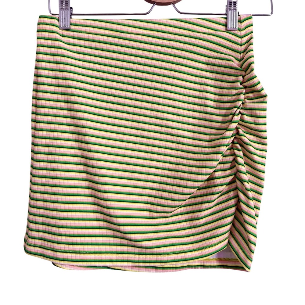 Hurley‎ Striped Ribbed Ruched Mini Skirt Yellow Green Pink Size M